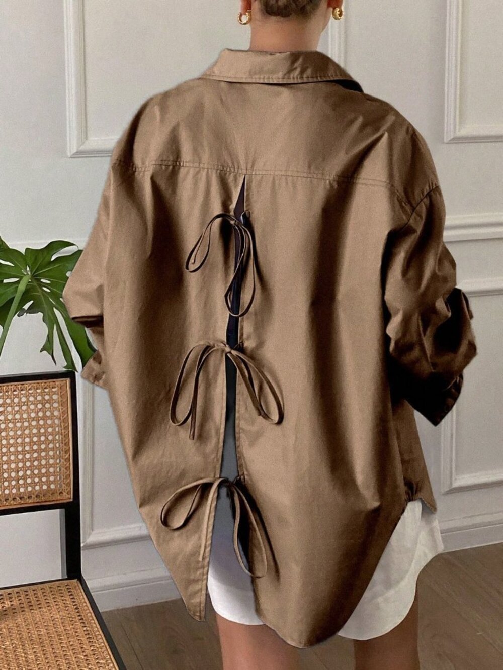 Brown Casual Women's Loose Long Sleeve Blouse with Turndown Collar - Picture 2 of 5